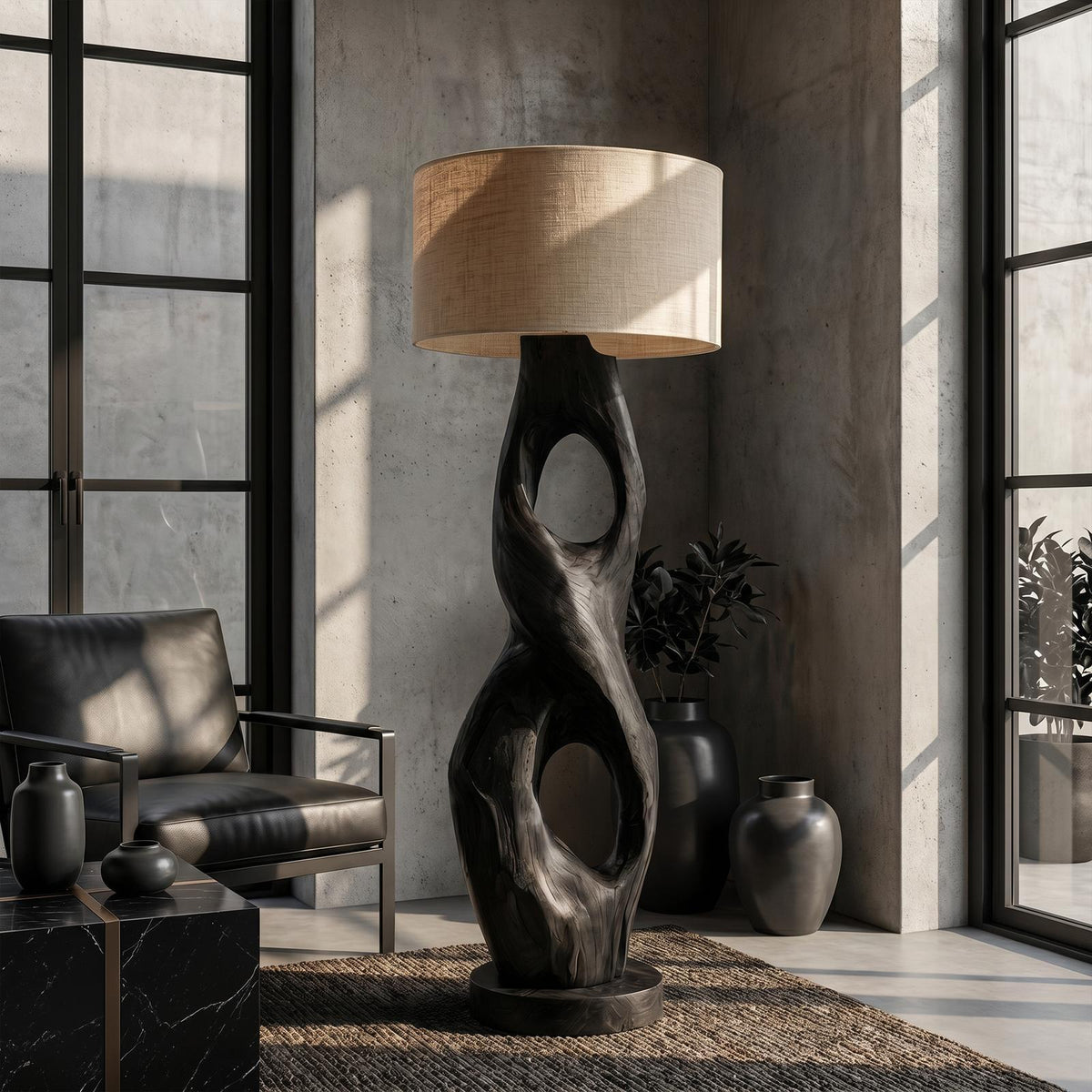 Rustic Floor Lamp with Handcrafted Hollow Wood Sculpture Base, Artistic Standing Light