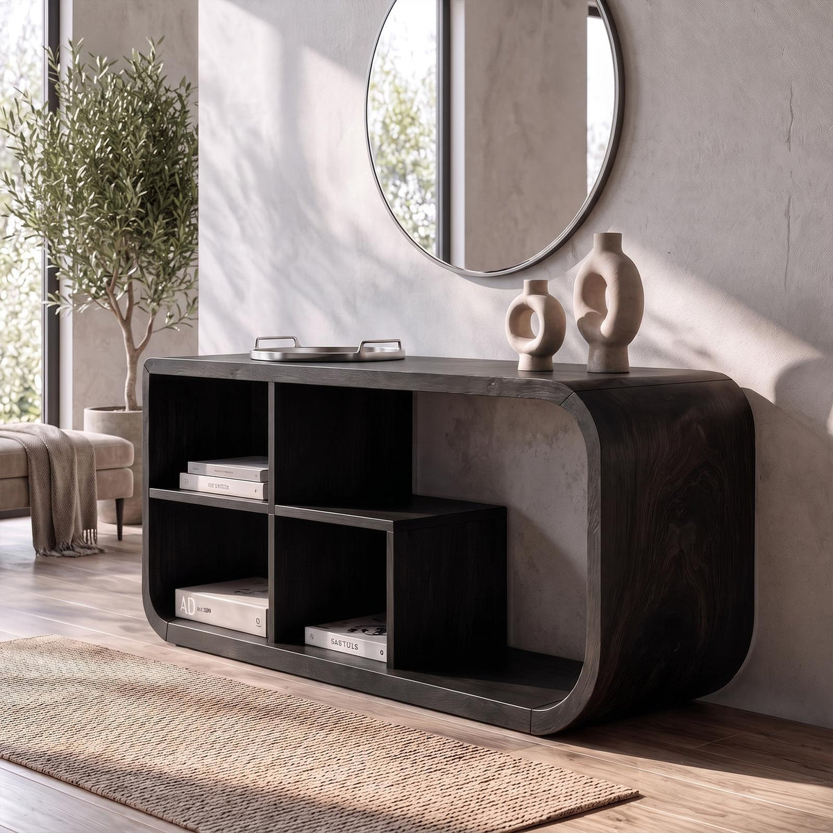 Modern Organic Console Table Sculptural Curved Design Open Storage For Entryway Living Room SINLKICS690