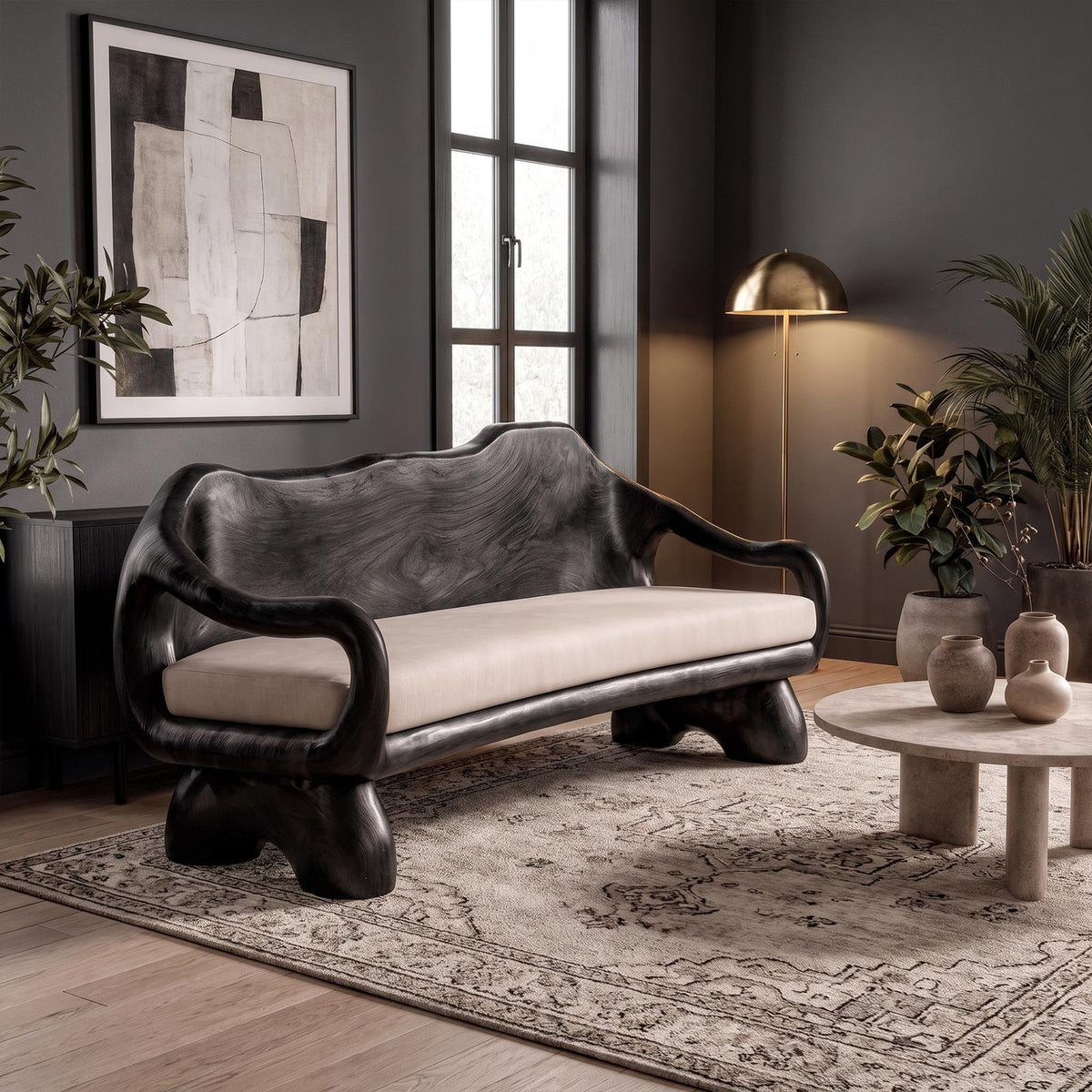 Sculptural Carved Sofa Frame Solid Wood Artistic Hand Carved Design Living Room And Lounge SINLKISF014