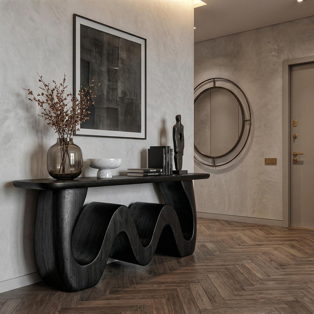 Organic Wave Console Table, Solid Wood Sculptural Curved Entryway Sofa Table for Living Room