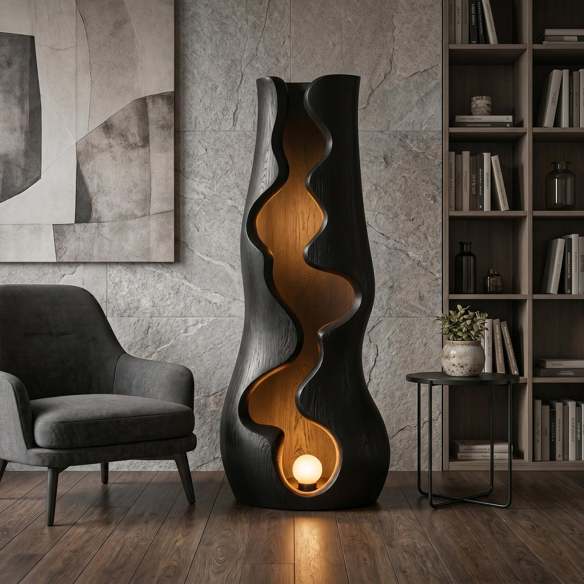 Organic Floor Lamp with Sculptural Wave Wood Design, Modern Standing Light for Living Room
