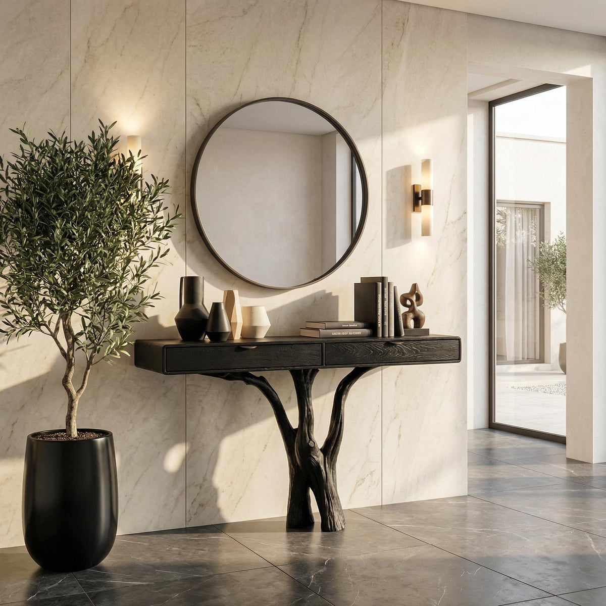 Sculptural Tree Console Table, Solid Wood Branch Pedestal Entryway Sofa Table for Living Room