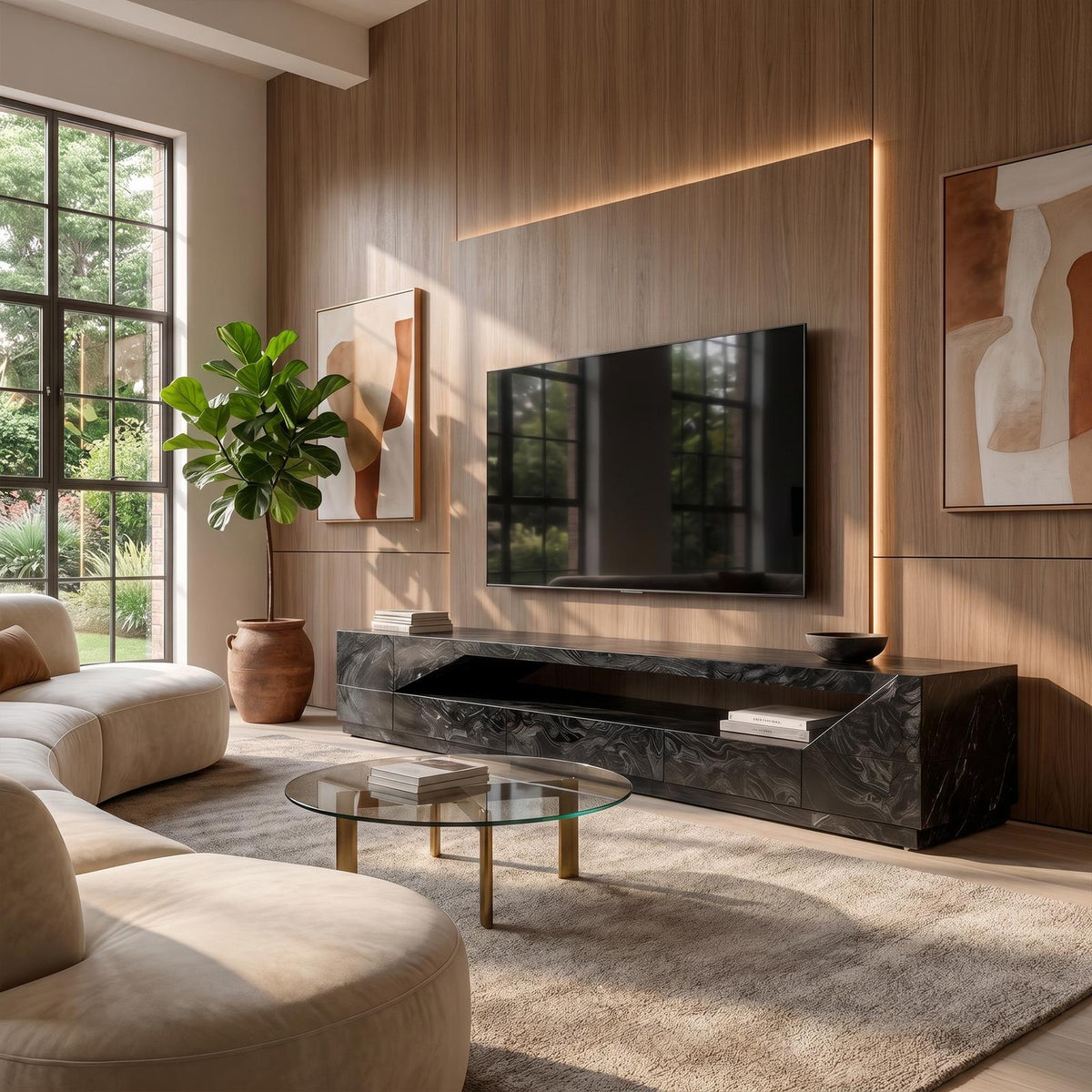 Minimal TV Console with Natural Wood Grain, Modern Wooden Media Cabinet Sideboard