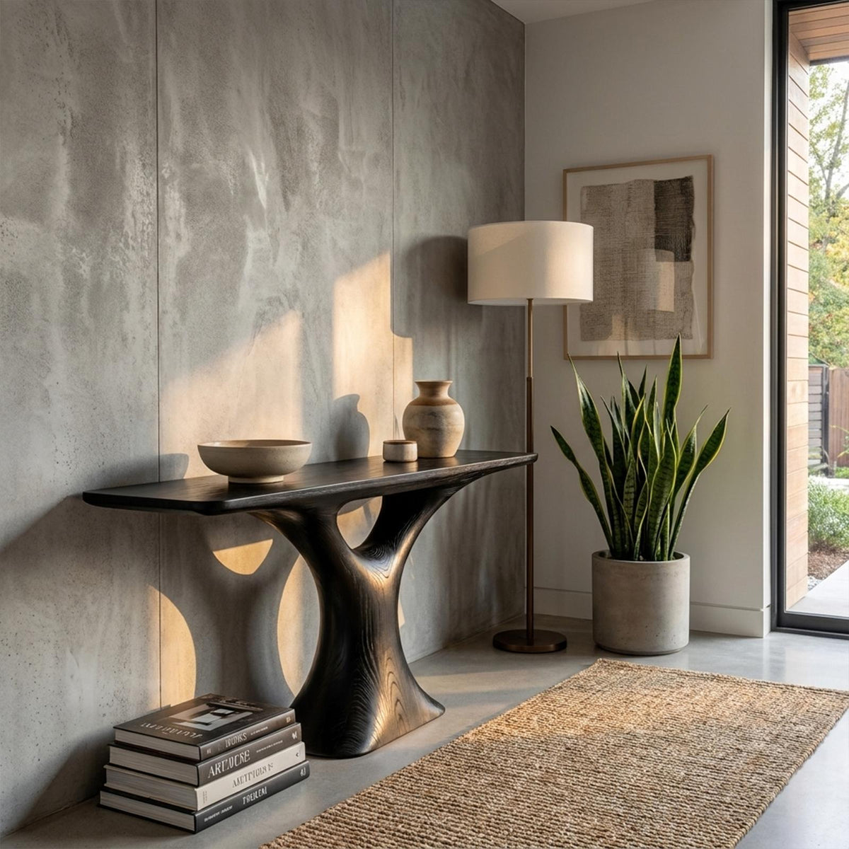 Mid Century Entry Table Smooth Sculptural Form Luxury Welcome Area