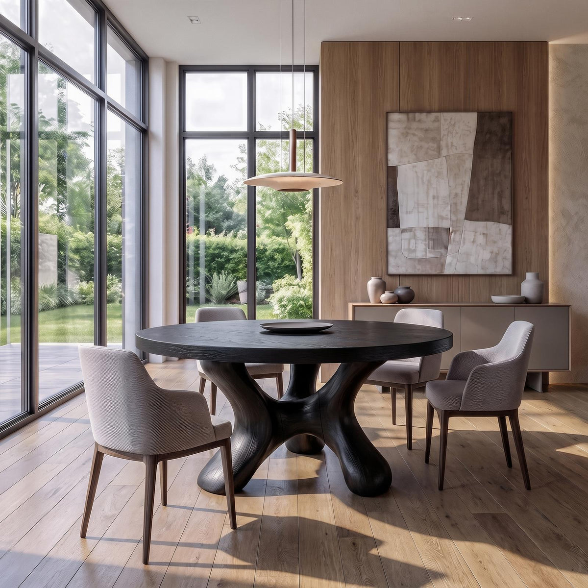 Contemporary Round Dining Table With Flowing Crossed Design For Dining Room And Living Room