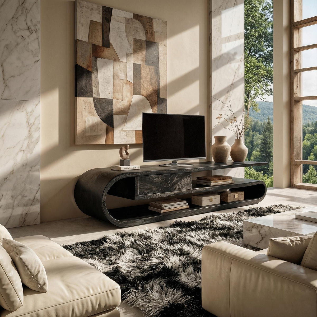 Contemporary TV Cabinet, Solid Wood Media Console, Modern Entertainment Center TV Stand for Living Room