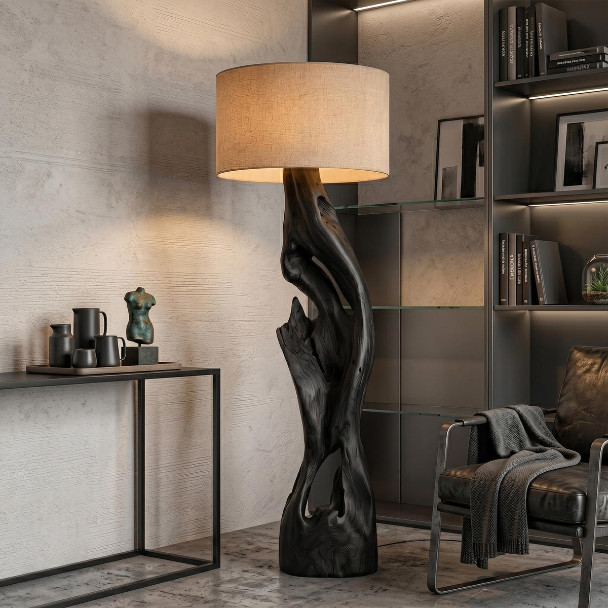 Sculptural Floor Lamp with Solid Wood Open Form Design, Modern Tall Standing Light