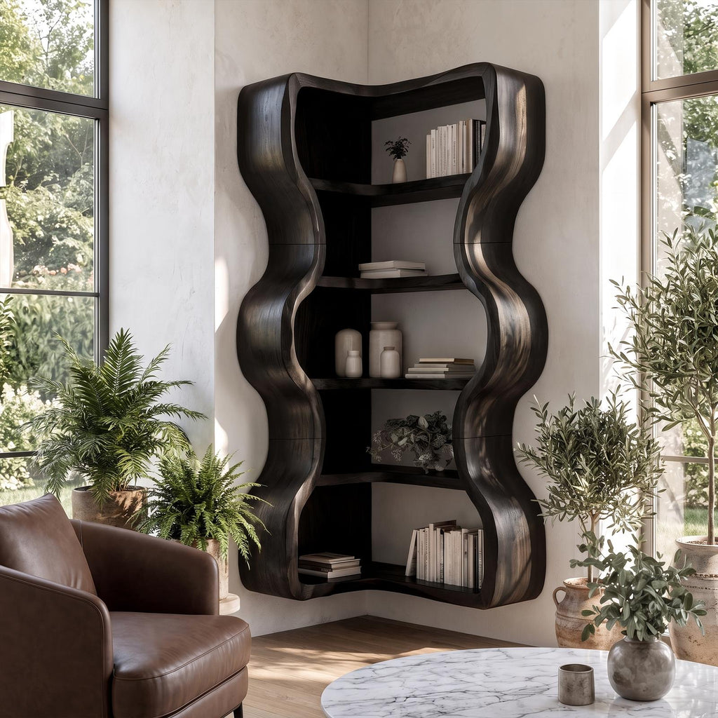 Statement Bookshelf Handcrafted Wavy Design For Living Room