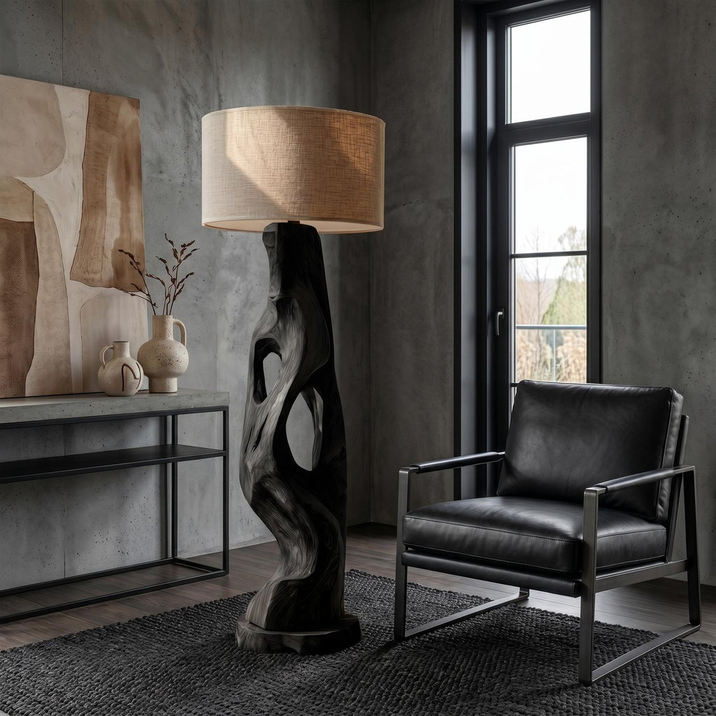 Organic Modern Standing Lamp with Artistic Solid Wood Base, Tall Floor Light for Living Room