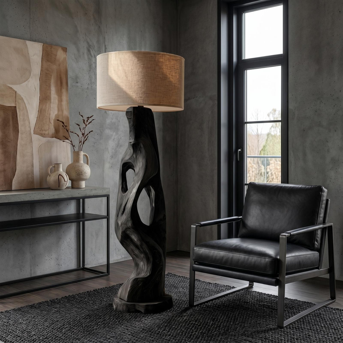 Organic Modern Standing Lamp with Artistic Solid Wood Base, Tall Floor Light for Living Room