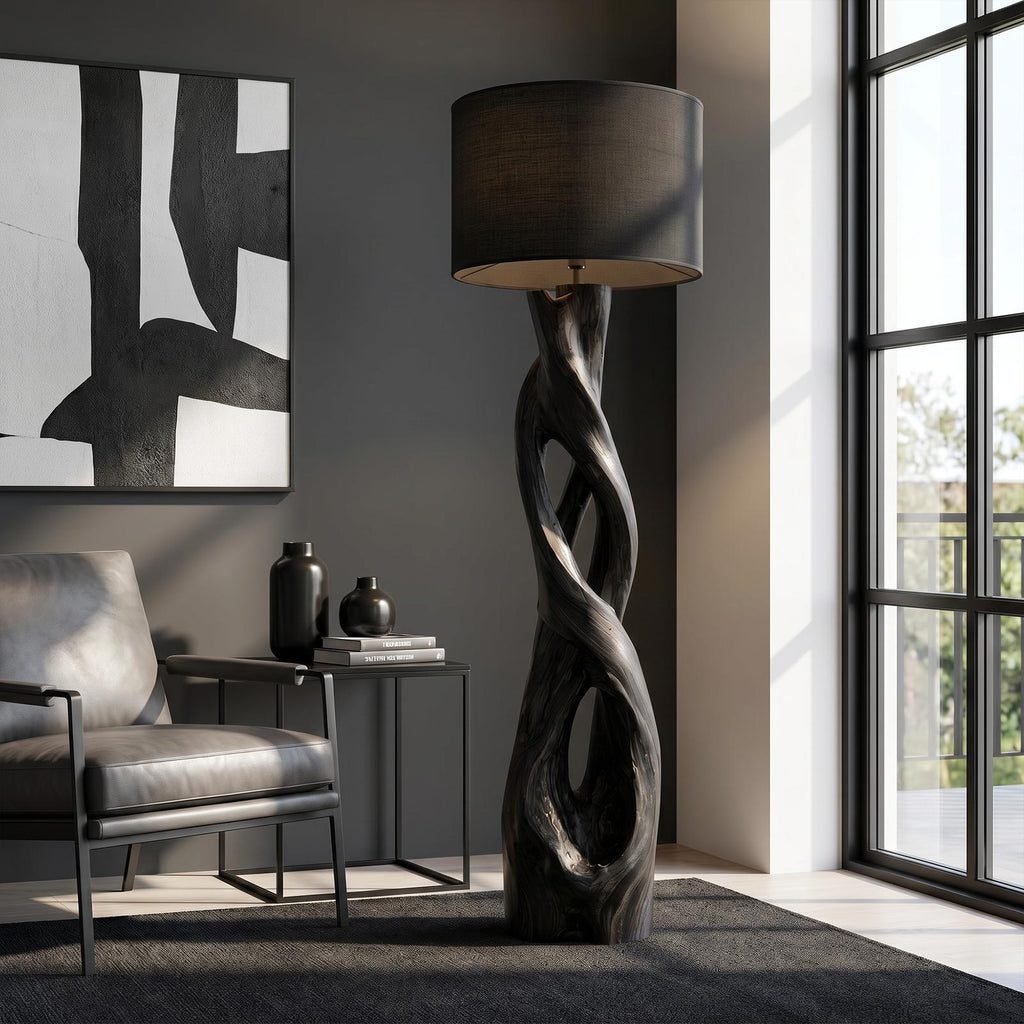 Nature-Inspired Floor Lamp with Sculptural Wood Form and Fabric Shade, Standing Tall Light
