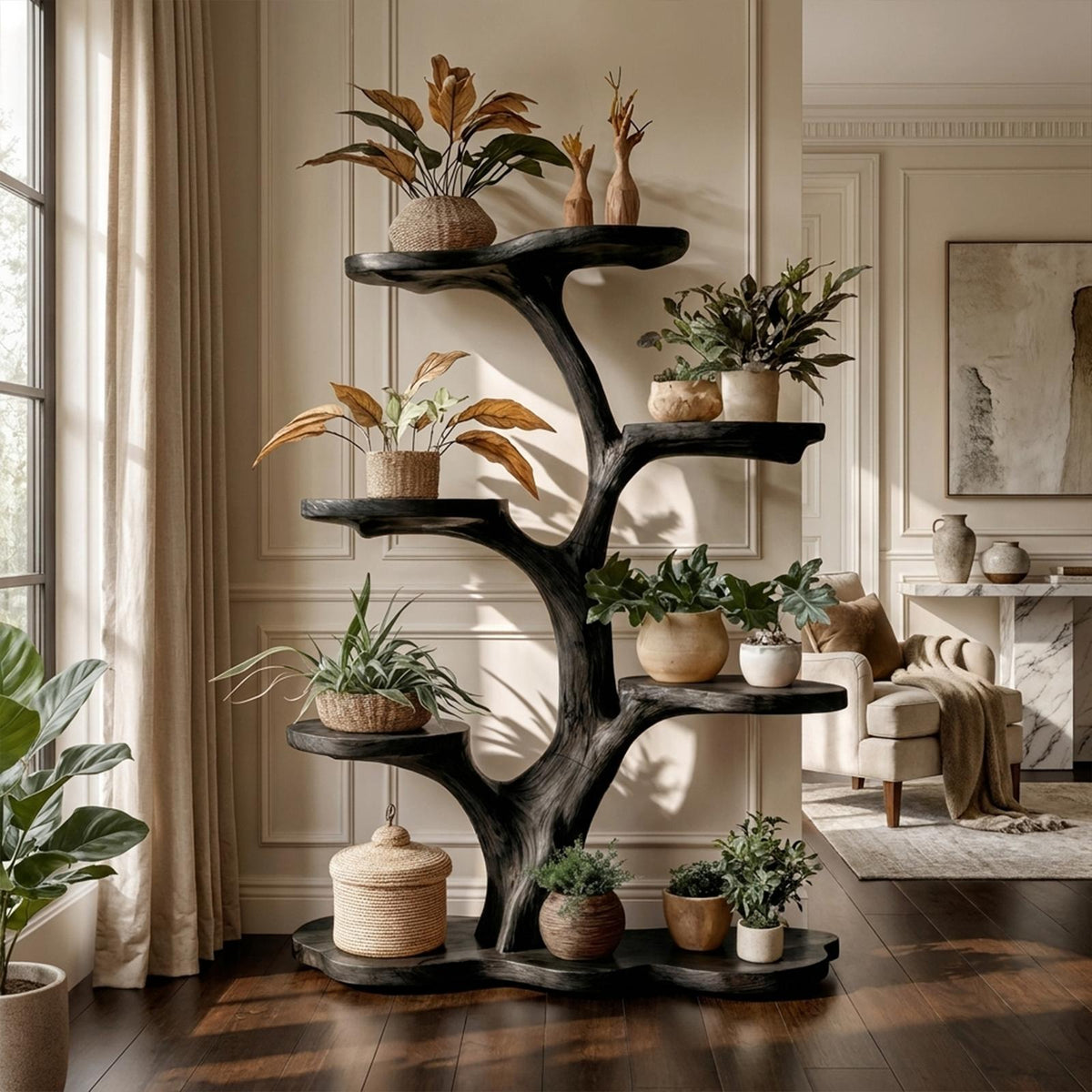 Rustic Tree Plant Shelf Indoor Green Display Living Room