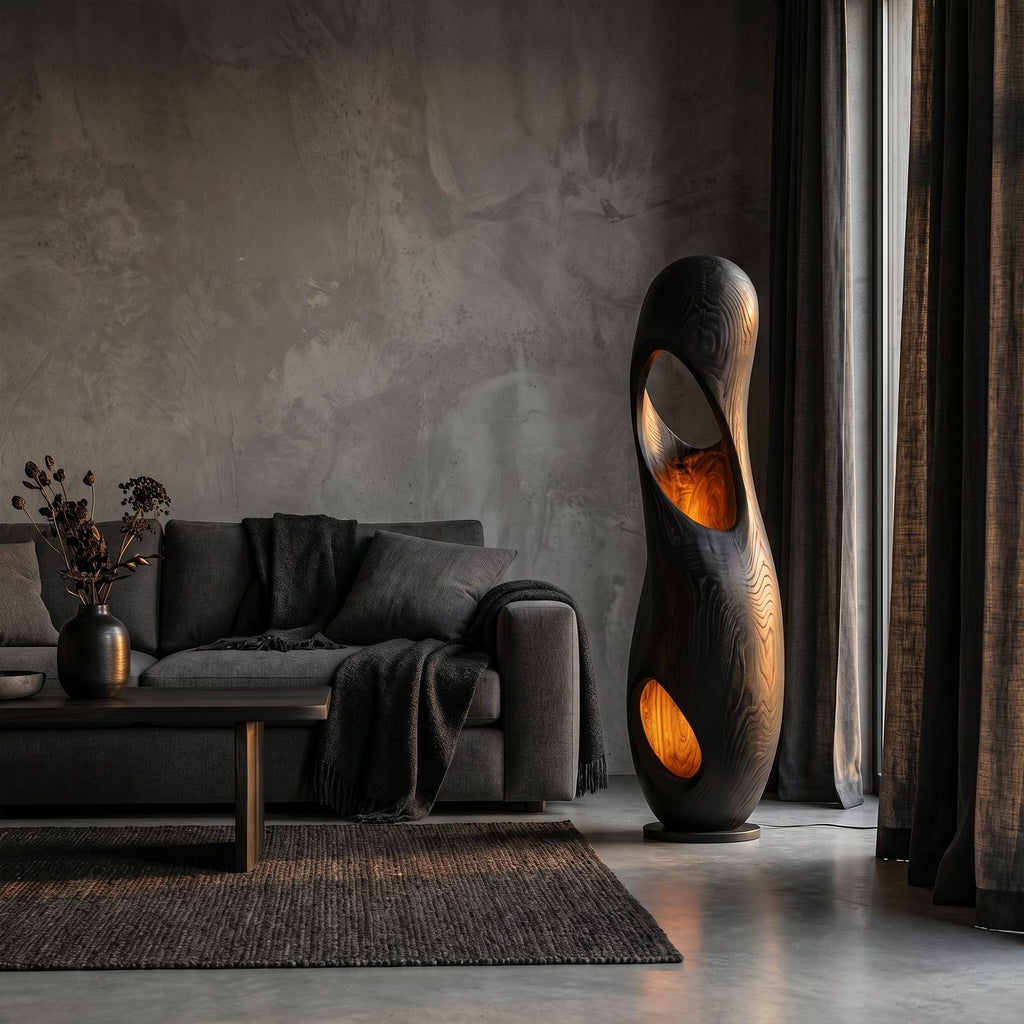 Organic Floor Lamp with Sculptural Hollow Wood Tower Design, Modern Artistic Standing Light