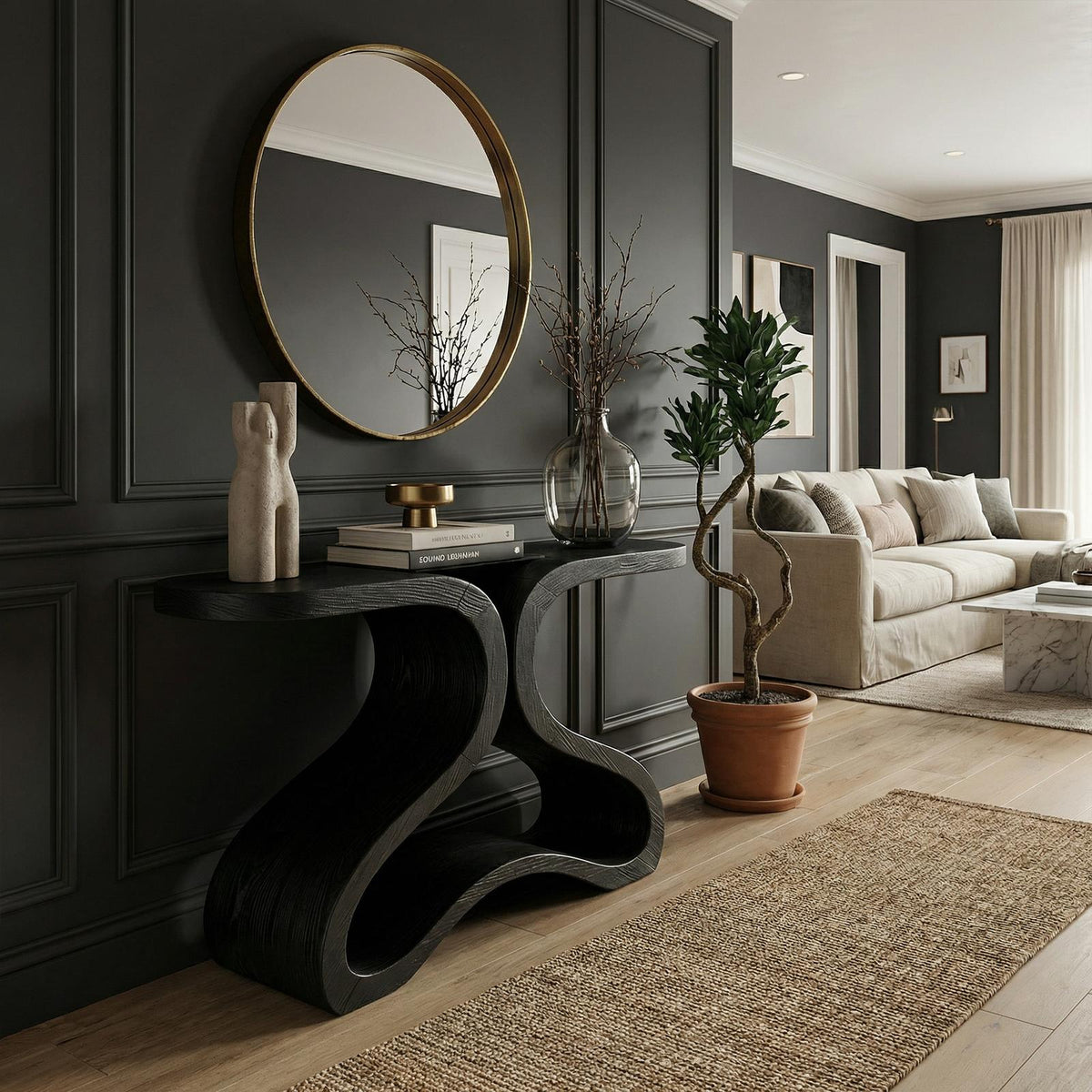 Spry Interior Organic Curved Console Table, Modern Solid Wood Entryway Sofa Table & Hallway Accent Credenza, SINLKICS568