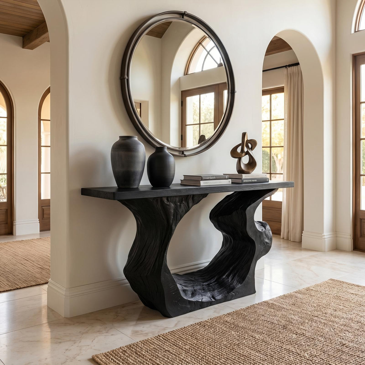 Sculptural Console Table, Modern Solid Wood Entryway Sofa Table & Accent Hallway Credenza