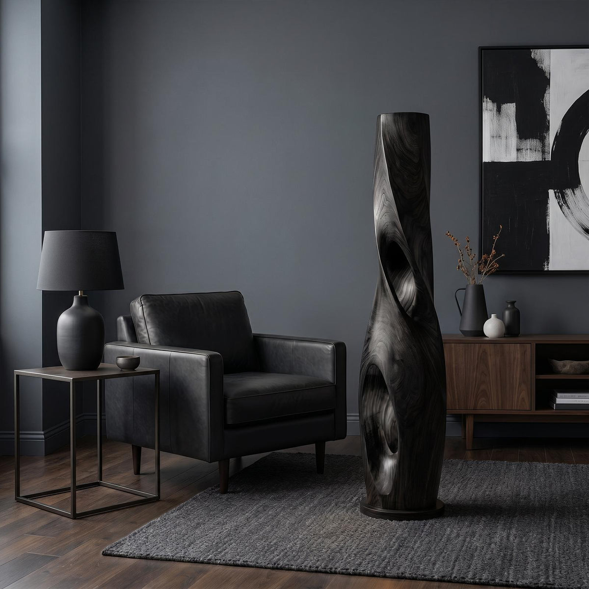 Modern Sculptural Floor Lamp with Hollow Solid Wood Design, Artistic Standing Light