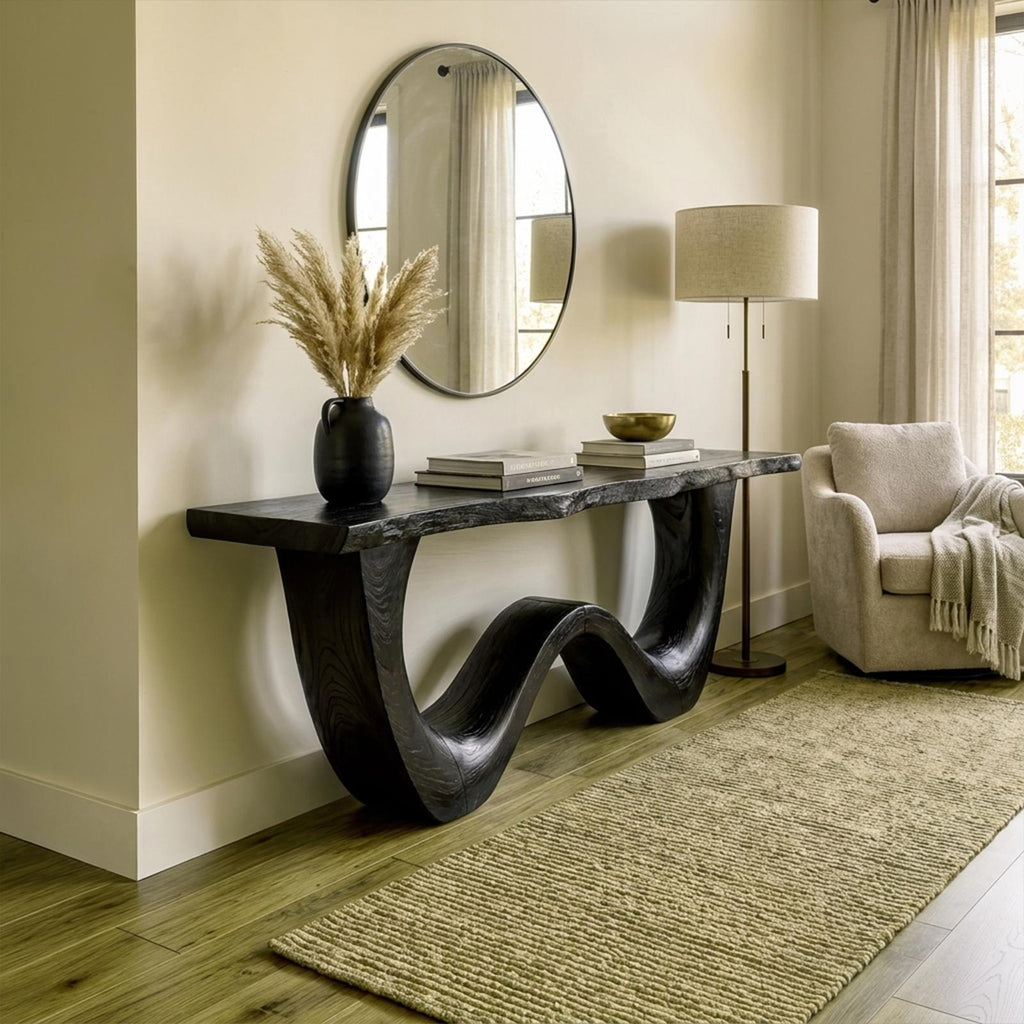 Organic Wave Base Wood Console Table, Sculptural Entryway, Hallway & Sofa Back Table