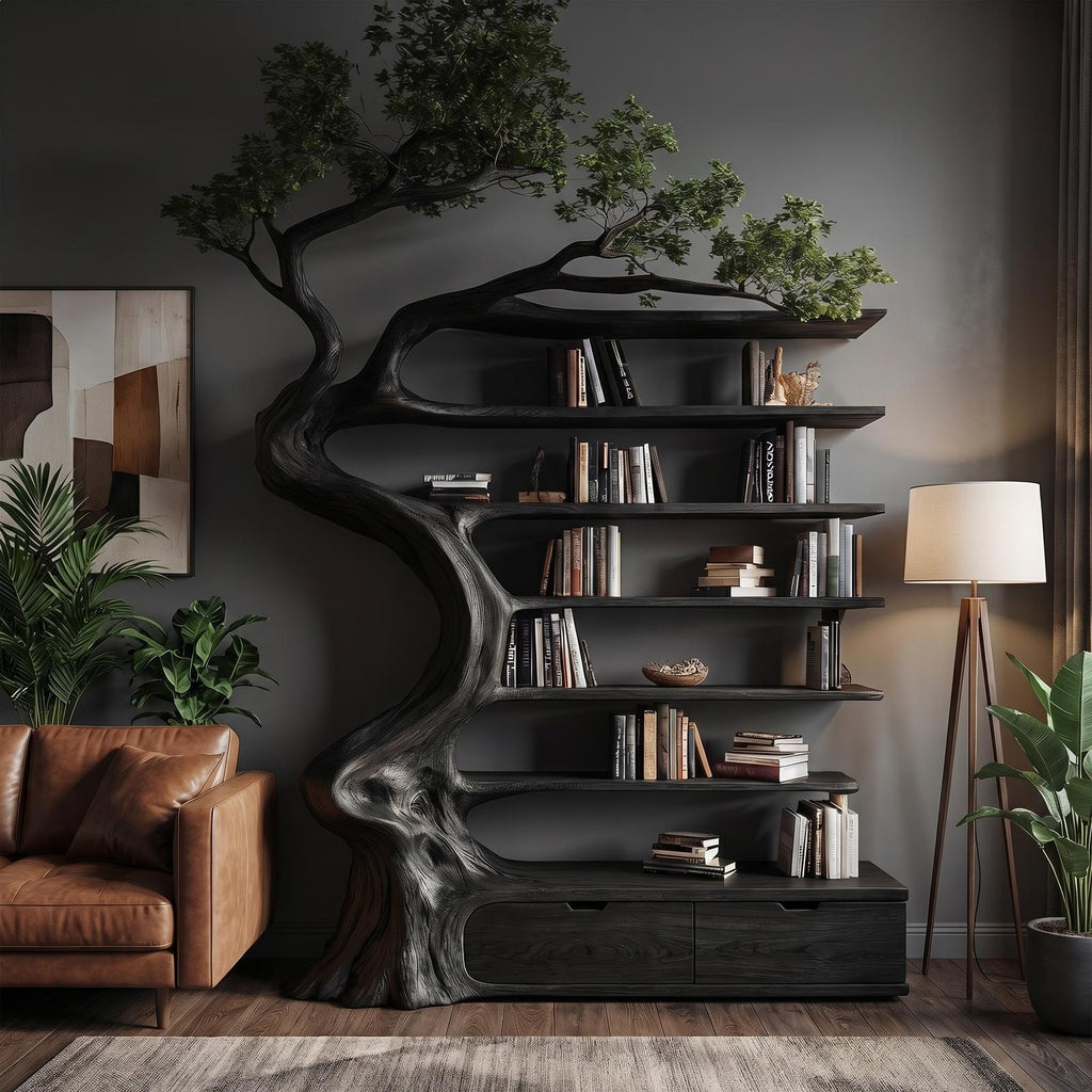 Rustic Tree Bookshelf with Storage Cabinet, Handcrafted Wood Branch Bookcase for Living Room