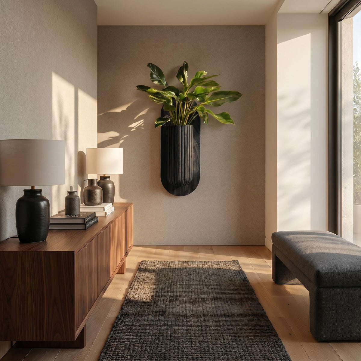 Minimalist Wood Wall Planter, Solid Oak Hanging Vessel Indoor Plant Pot & Succulent Holder