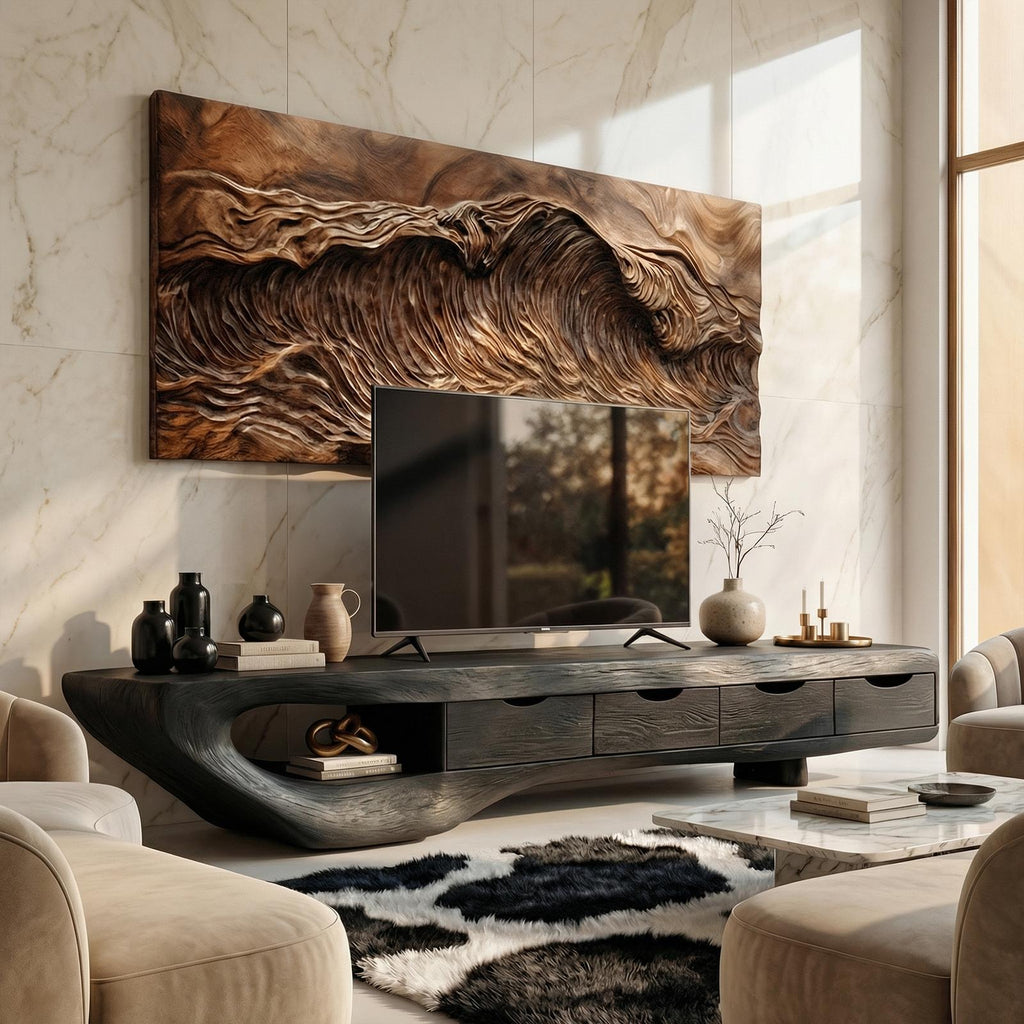 Mid-Century TV Cabinet, Solid Natural Wood Media Console Table, Modern Living Room TV Stand Unit