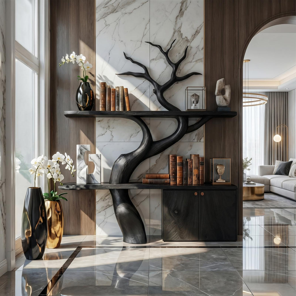 Rustic Tree Branch Bookshelf with Storage Cabinet, Solid Wood Decorative Bookcase, Bedroom Display Shelf