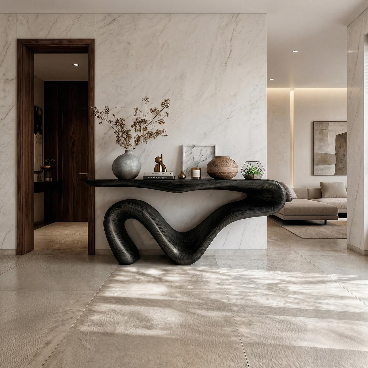 Organic Modern Sculptural Console Table, Solid Wood Curved Entryway & Living Room Accent Sofa Table