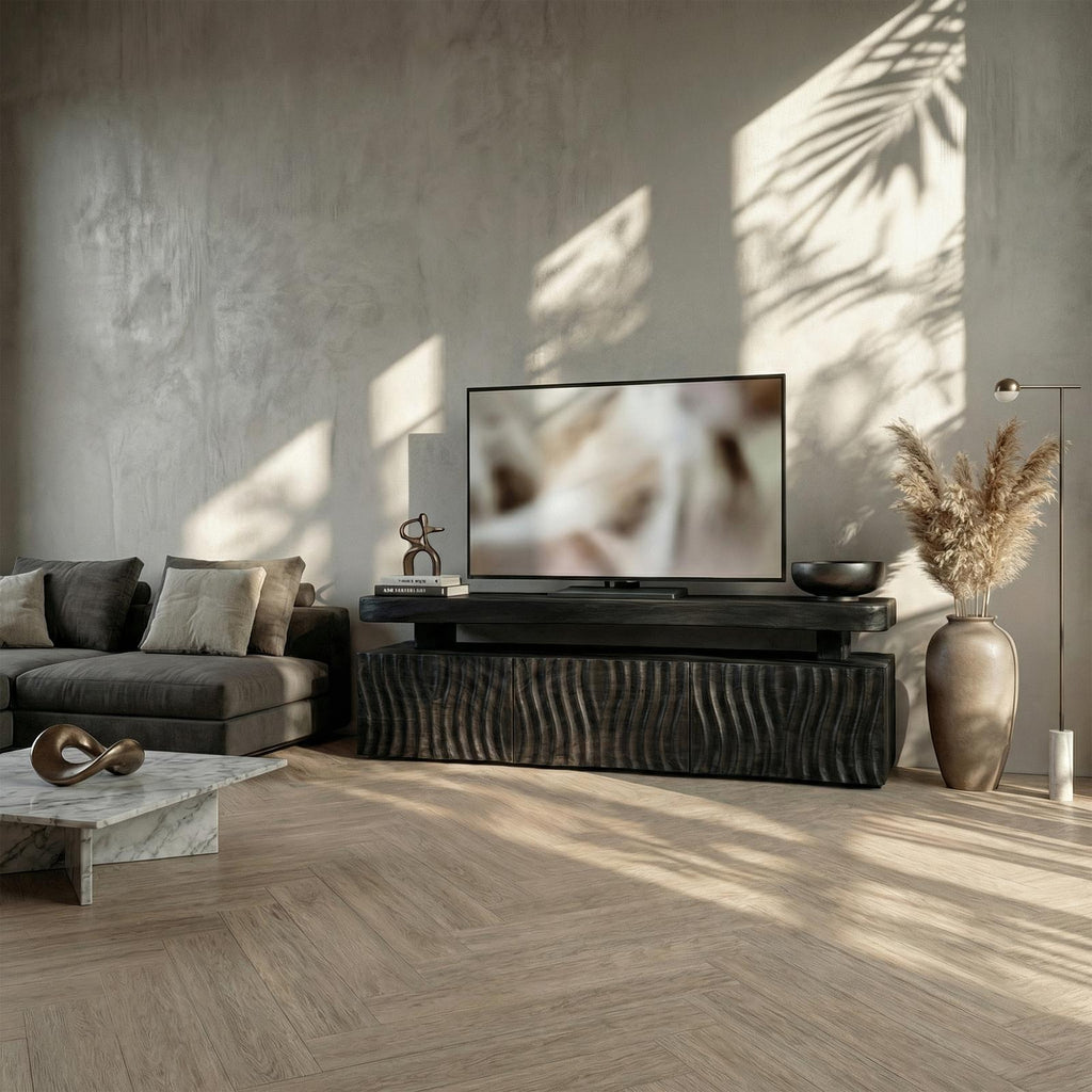 Modern TV Cabinet, Solid Wood Media Console with Unique Wave Pattern Storage for Living Room