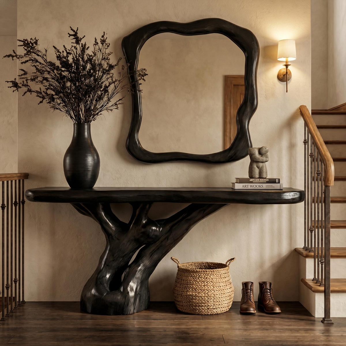 Spry Interior Rustic Tree Root Console Table, Natural Live Edge Solid Wood Entryway Table & Sofa Accent Credenza, SINLKICS570