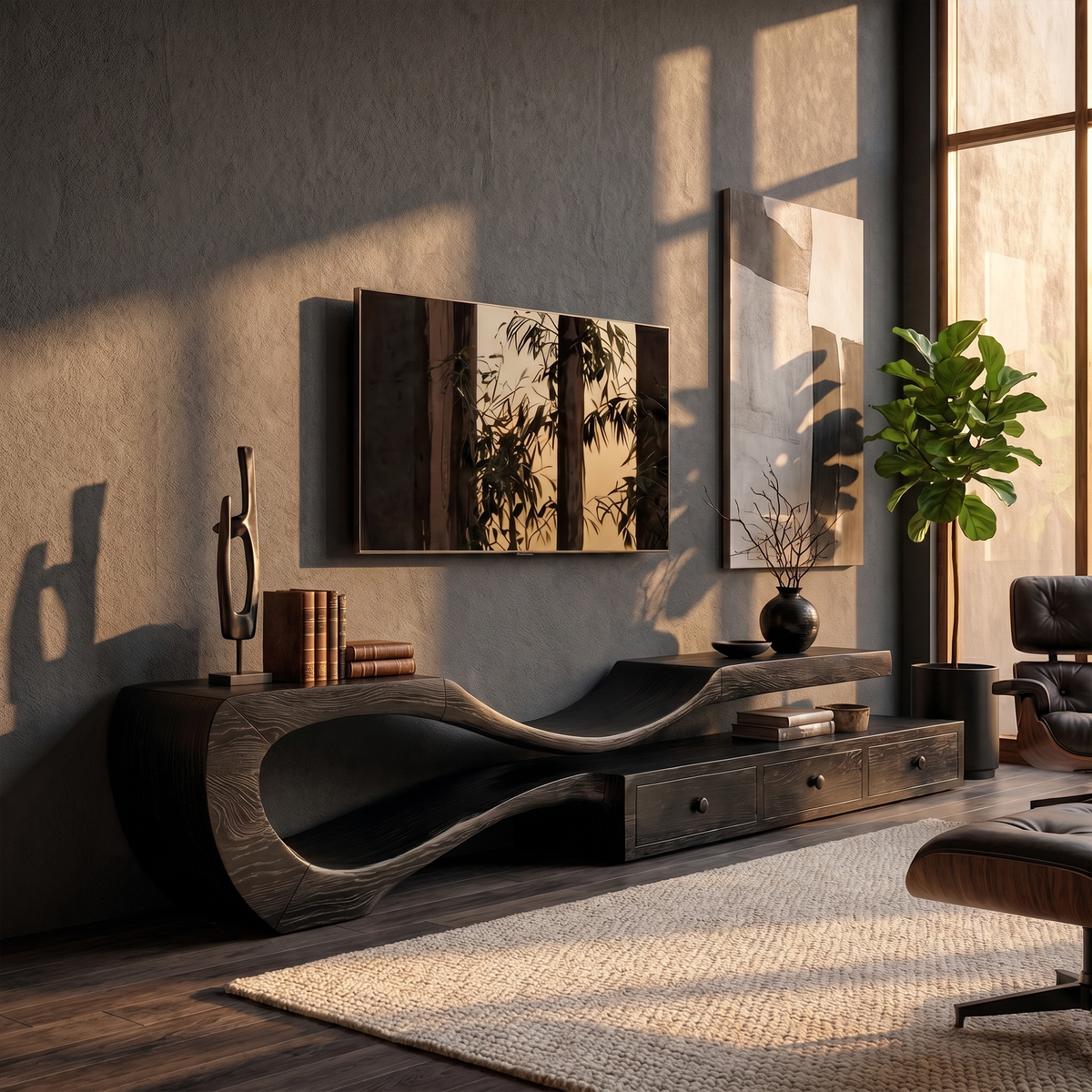 Modern TV Cabinet with Sculptural Curved Wood Base, Handcrafted Storage Drawers, Solid Wood Media Stand Credenza