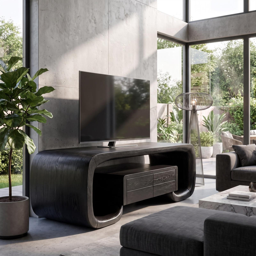 Organic TV Stand With Monolithic Wood Design For Living Room And Family Room