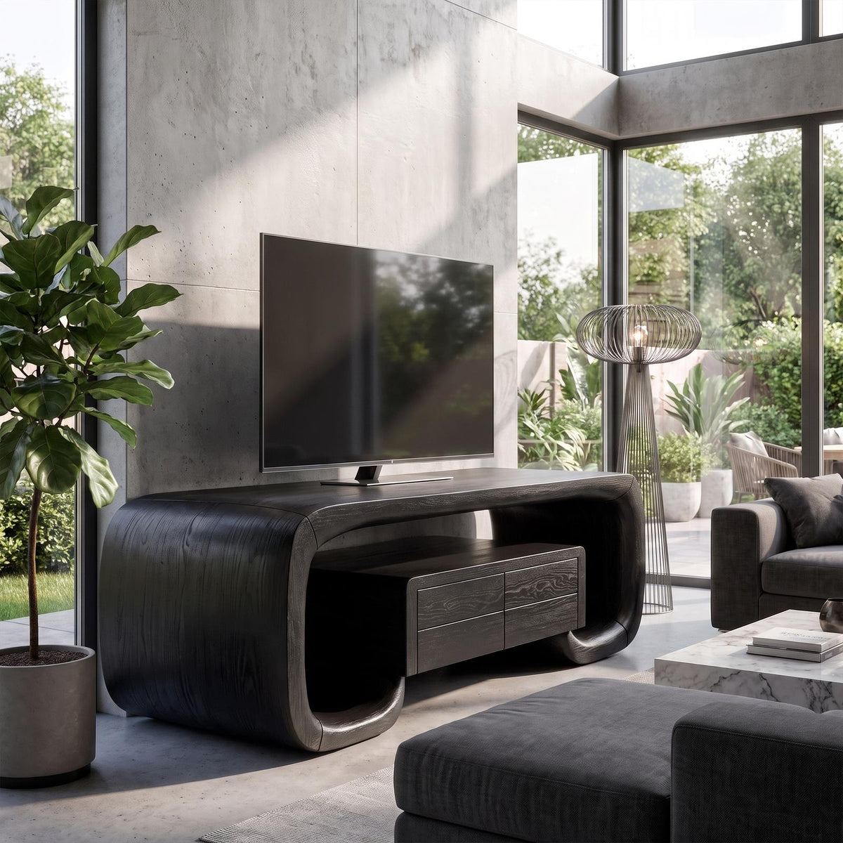 Organic TV Stand With Monolithic Wood Design For Living Room And Family Room