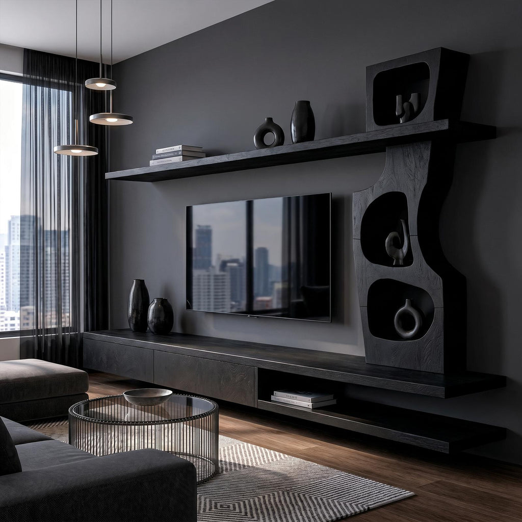 Sculptural Wood TV Cabinet with Tree Inspired Storage Shelves & Unique Media Credenza for Living Room