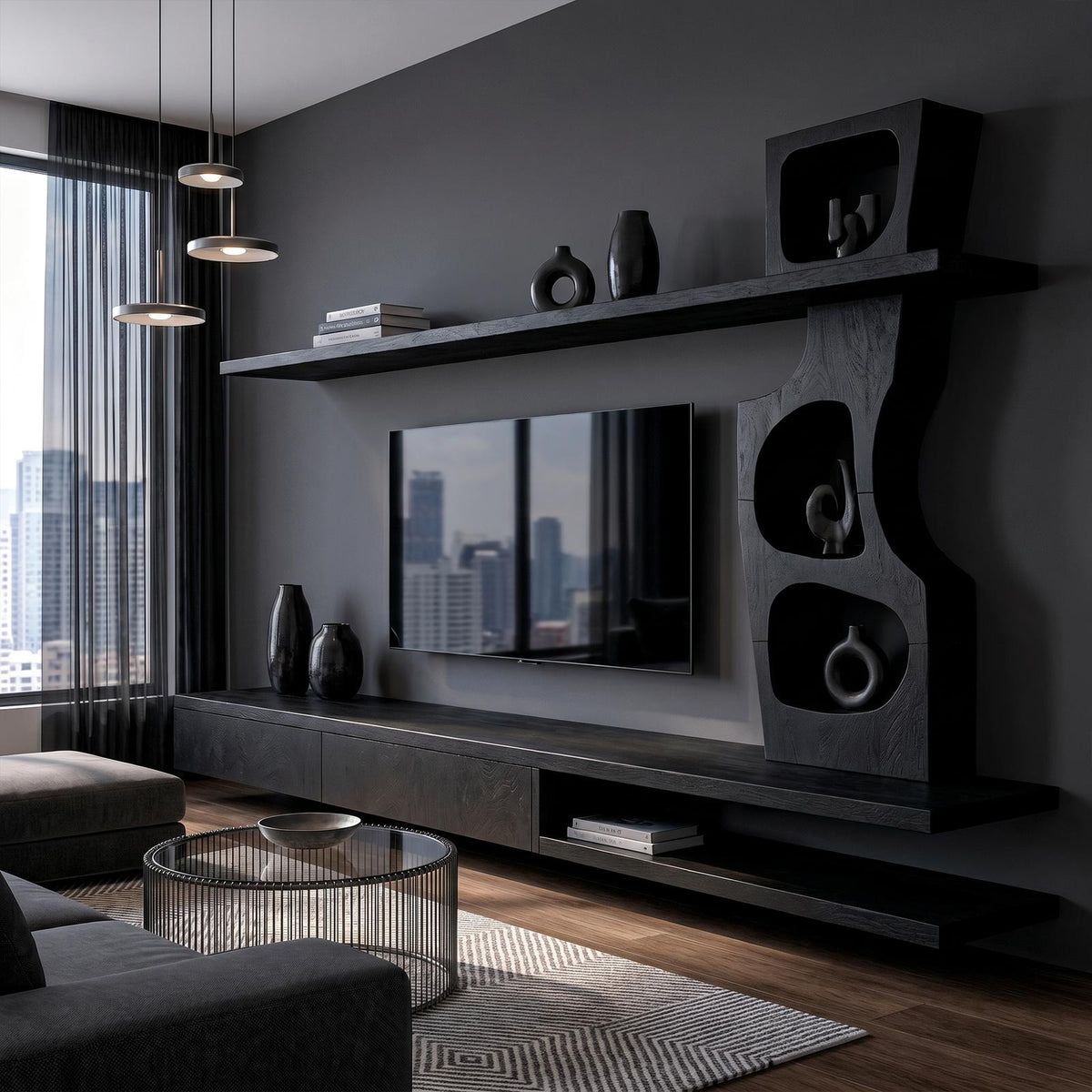 Sculptural Wood TV Cabinet with Tree Inspired Storage Shelves & Unique Media Credenza for Living Room