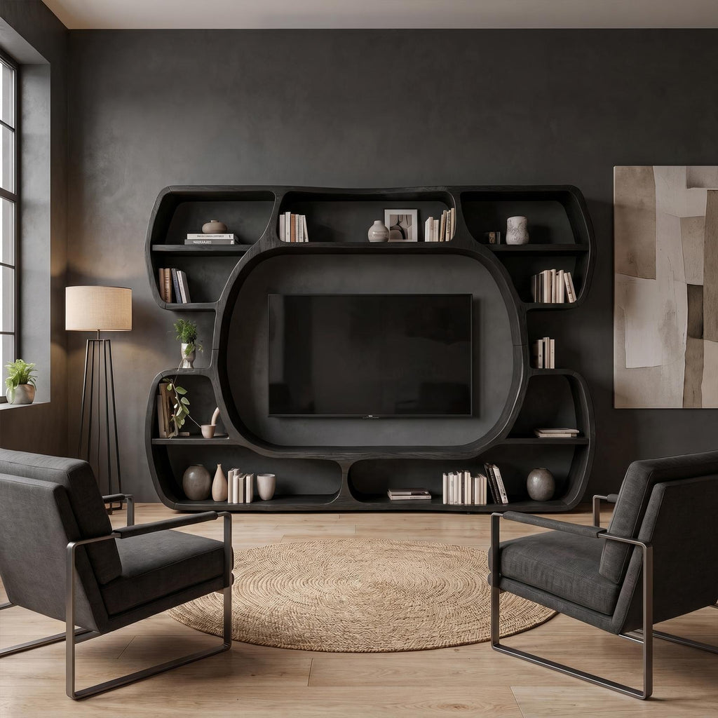 Organic Wood Entertainment Center with Sculptural Surround Shelves & Large TV Console for Living Room