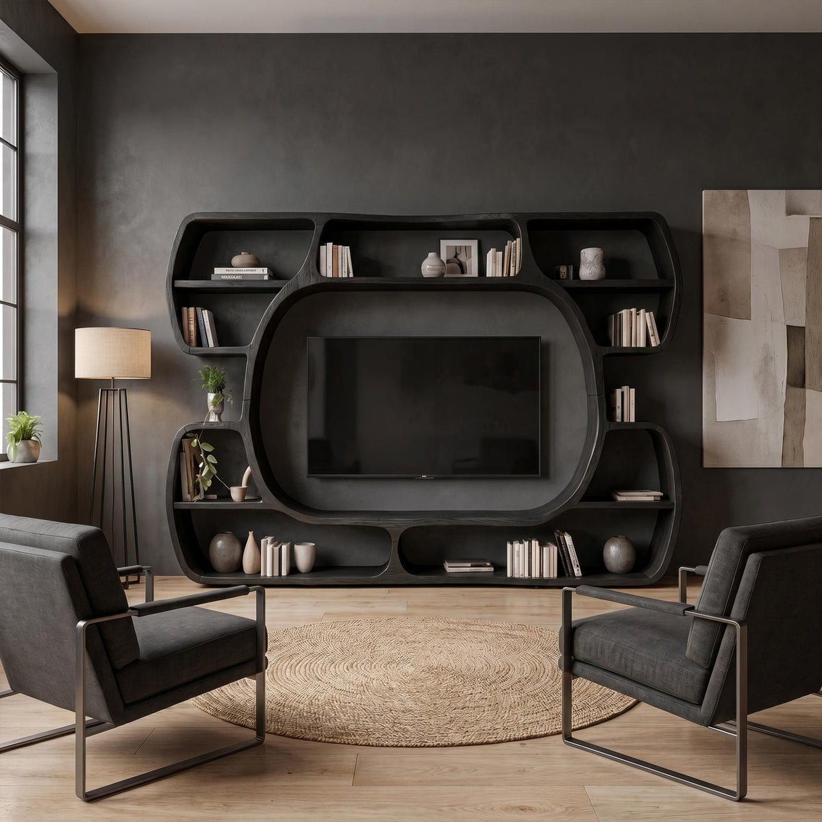 Organic Wood Entertainment Center with Sculptural Surround Shelves & Large TV Console for Living Room