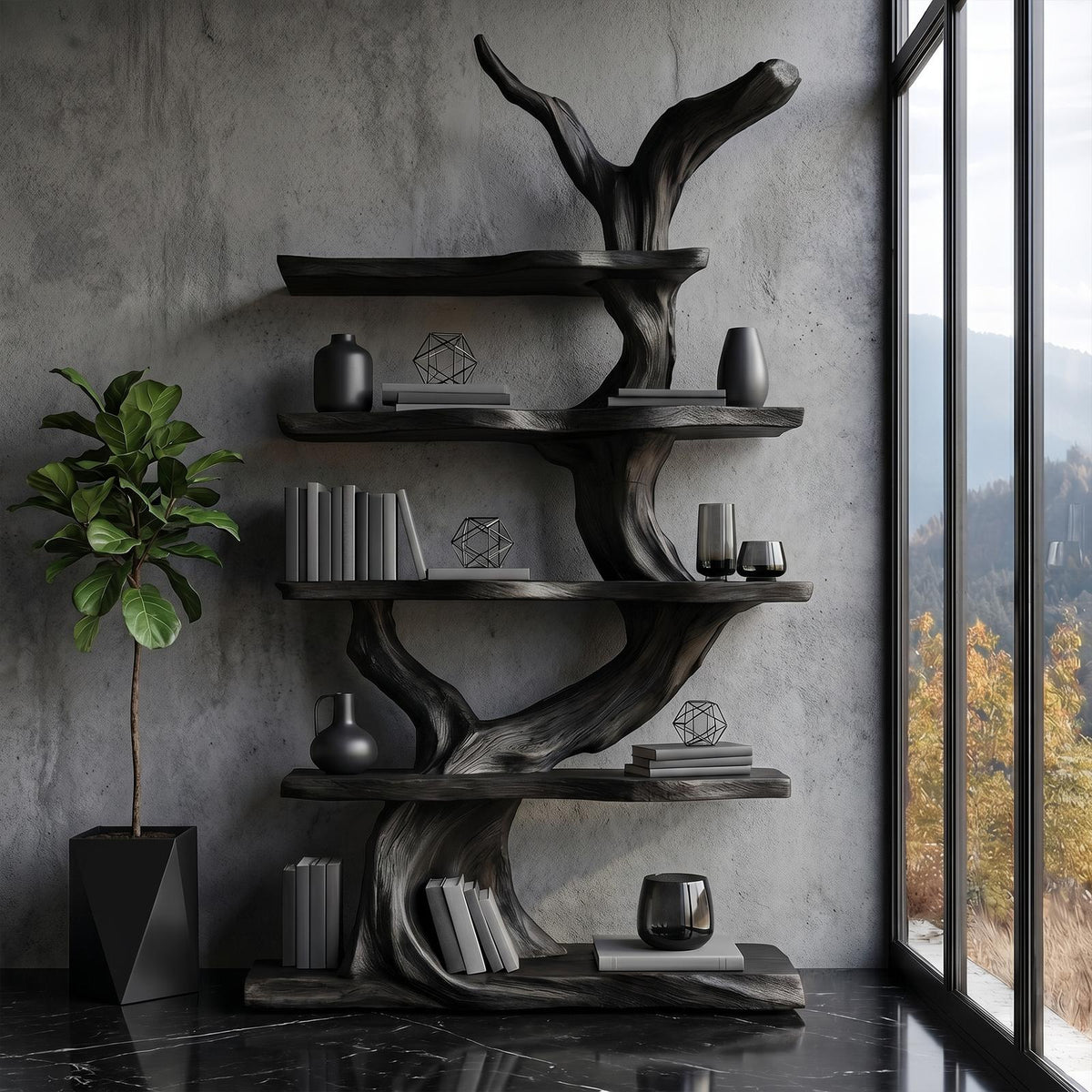 Organic Tree Bookshelf, Sculptural Wooden Branch Design Multi-Tier Open Display Shelves for Modern Living Room