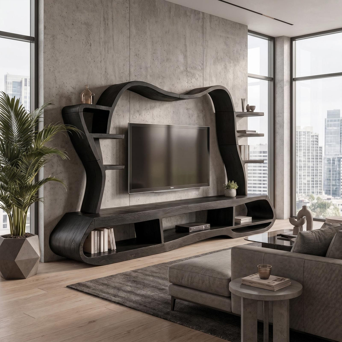 Modern Wood Entertainment Center with Sculptural Curved Shelving, Luxury Living Room TV Stand Console