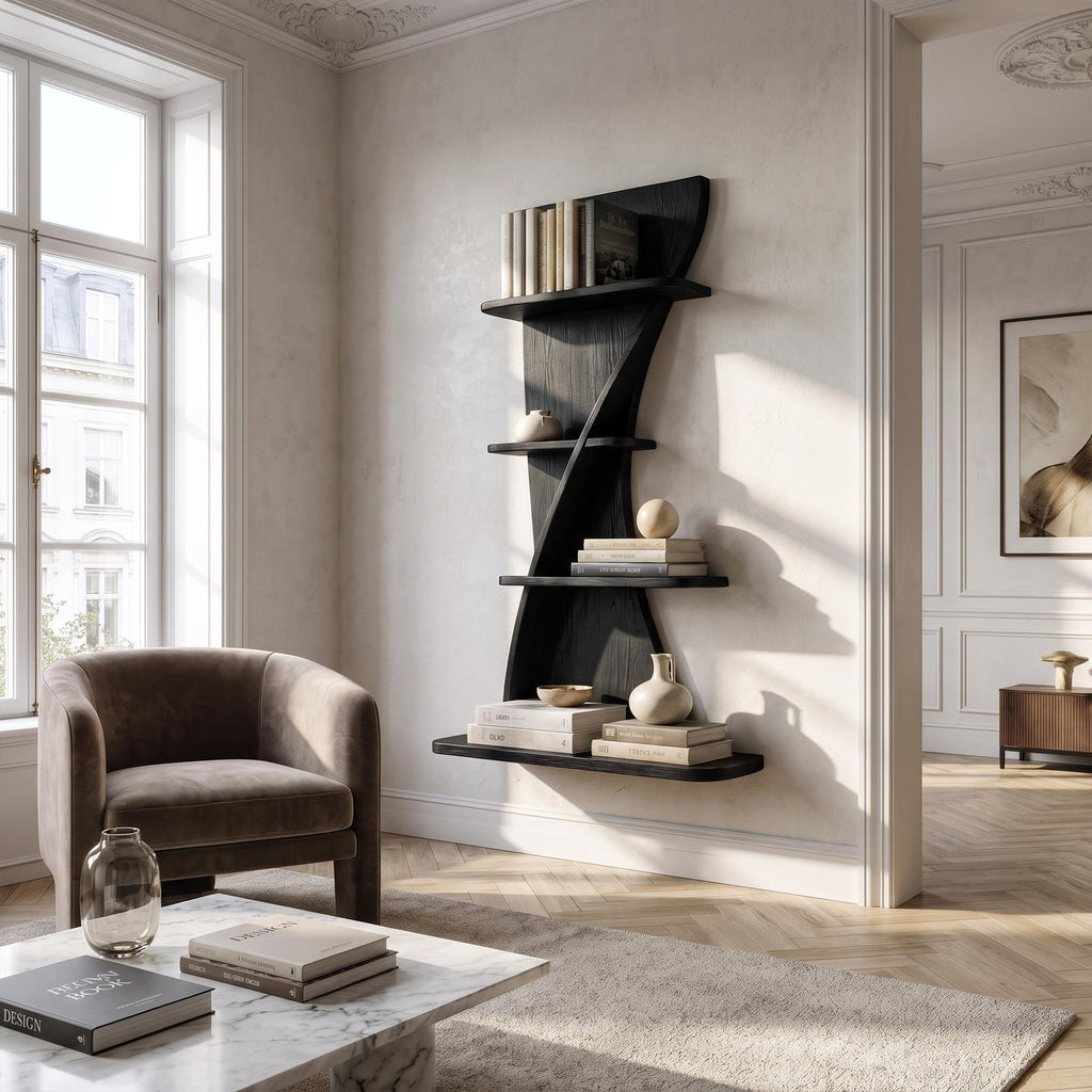 Sculptural Bookshelf Handcrafted Curved Wood Shelves For Home Office