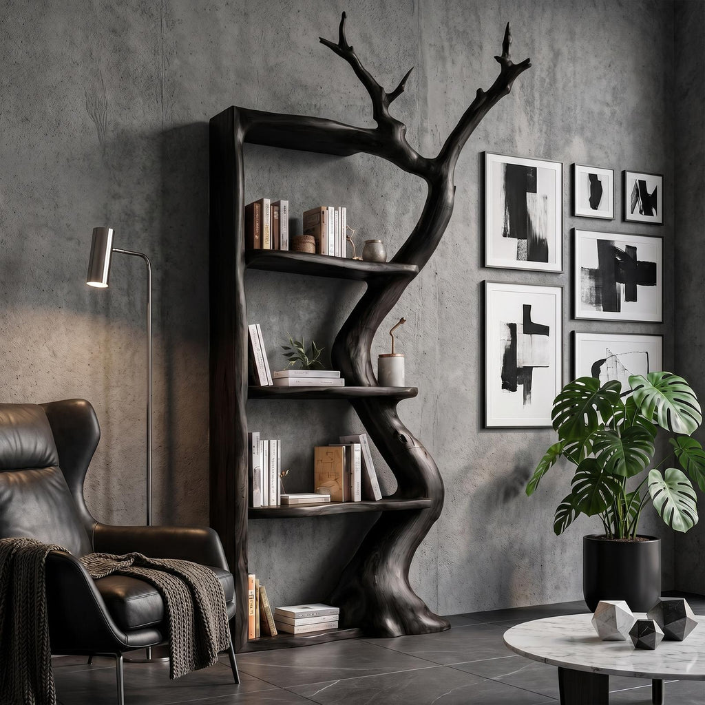 Sculptural Tree Bookshelf, Artistic Flowing Branch Shaped Solid Wood Open Display Shelves for Living Room Office