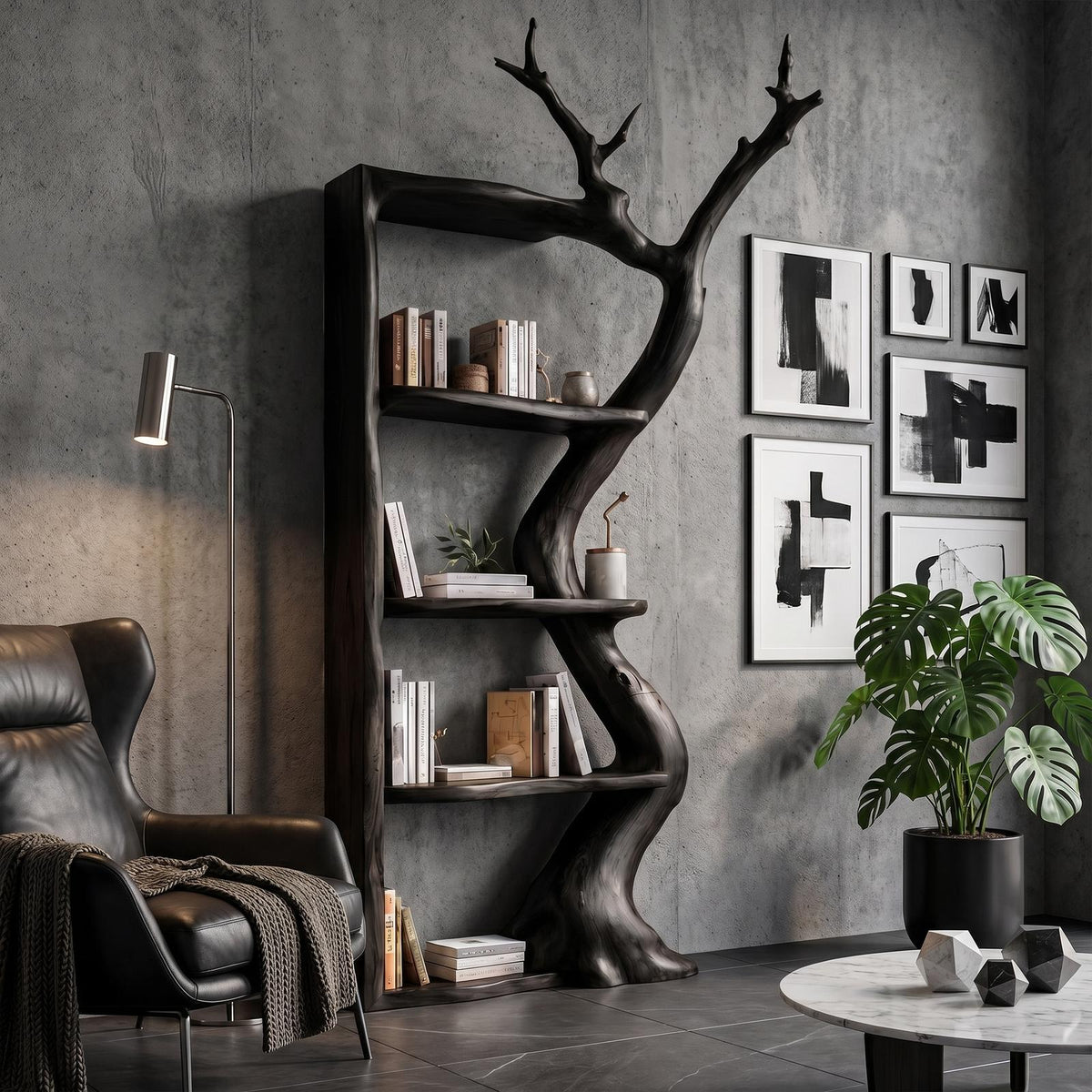 Sculptural Tree Bookshelf, Artistic Flowing Branch Shaped Solid Wood Open Display Shelves for Living Room Office