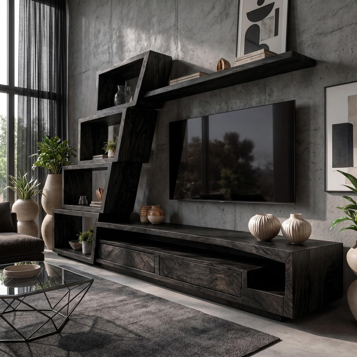 Organic Wood TV Cabinet with Artistic Open Shelving System & Modern Media Console Table for Living Room
