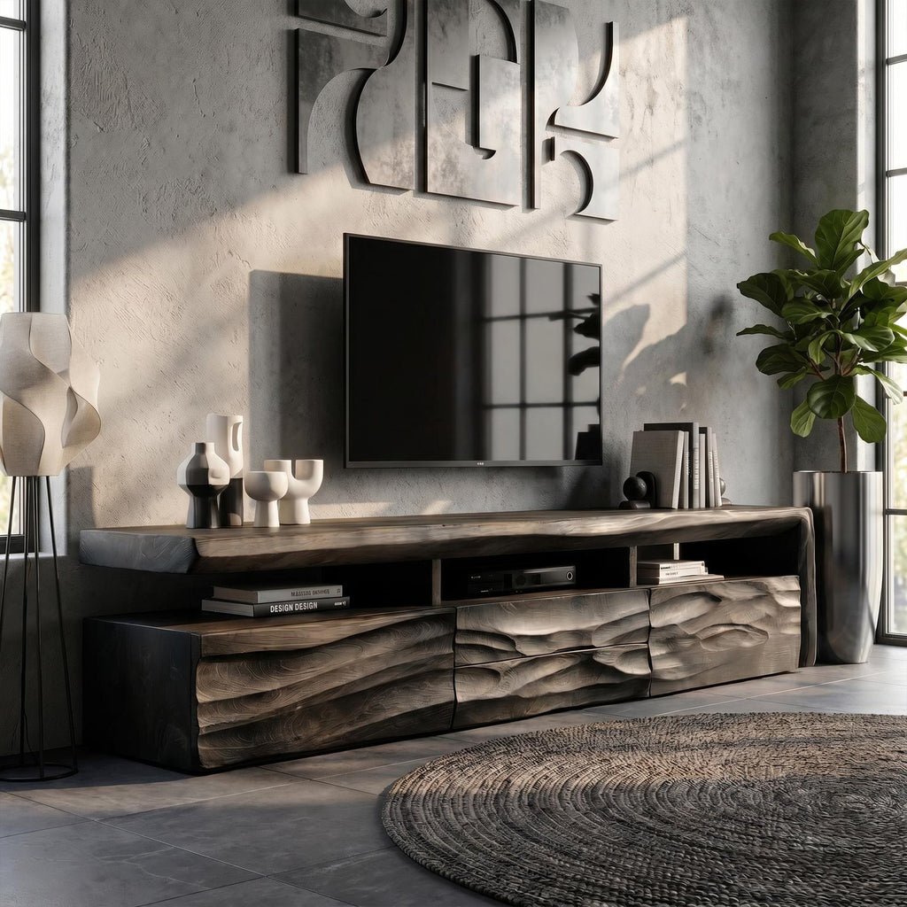 Organic TV Cabinet, Hand-Carved Textured Front Solid Wood Media Storage Console with Open Shelves for Living Room