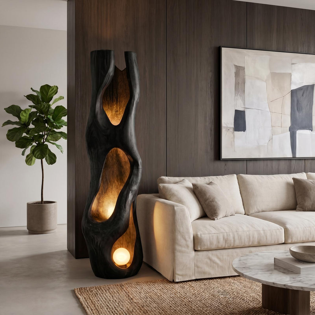 Nature Inspired Floor Lamp, Carved Driftwood Sculpture Tall Standing Light for Living Room