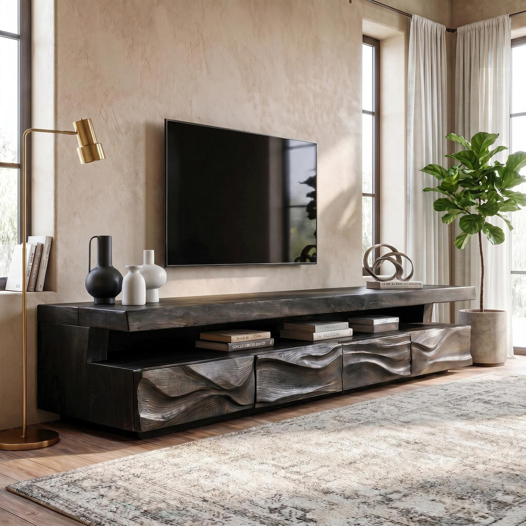 Modern Solid Wood TV Stand, Hand-Carved Textured Front Console Media Storage Cabinet for Living Room
