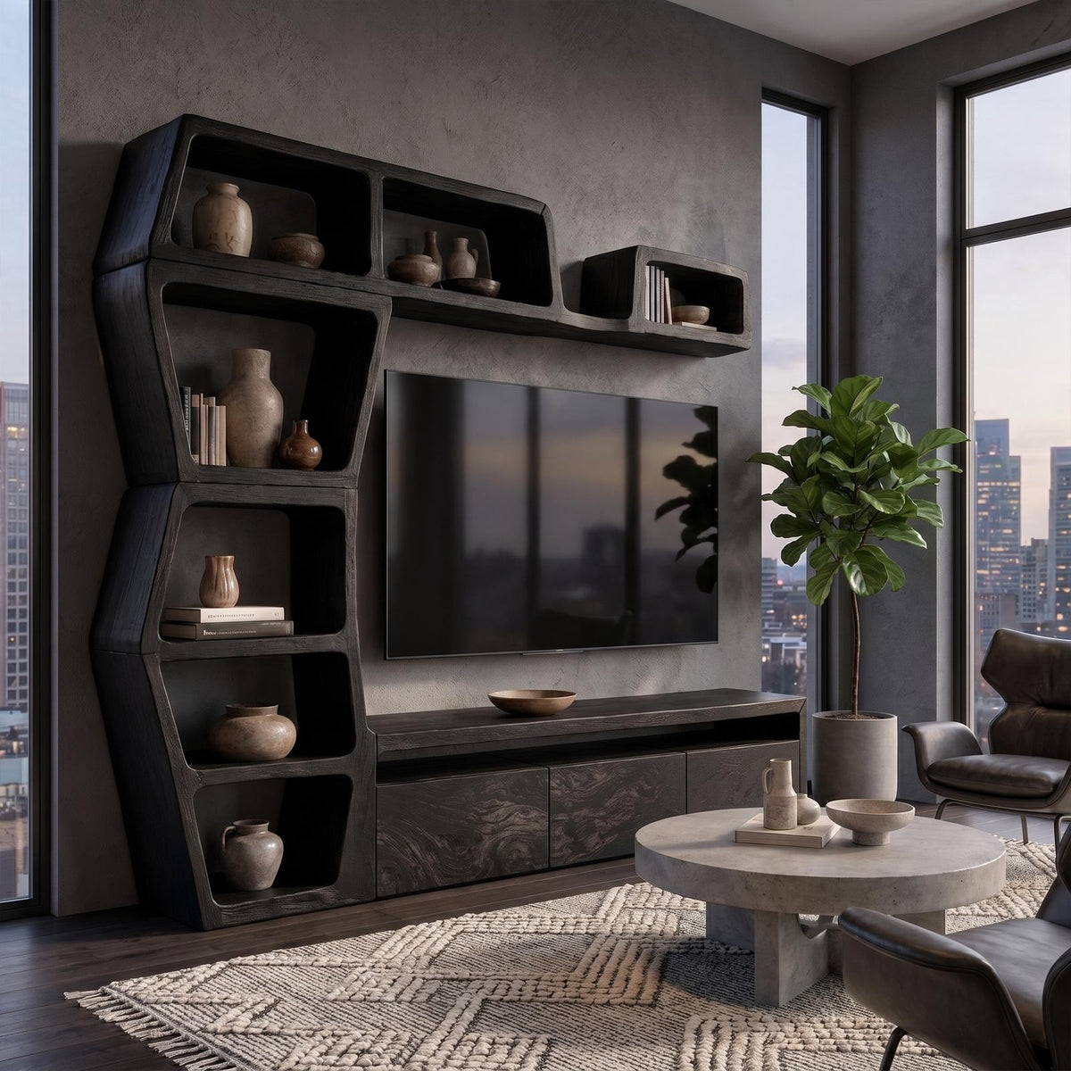 Contemporary Wooden Entertainment Center with Integrated Display Shelves & TV Console Table for Living Room