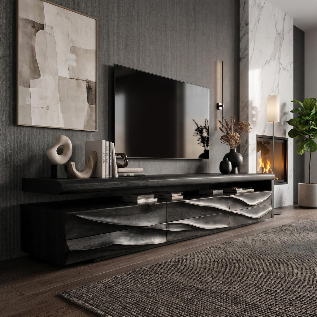Organic Modern TV Cabinet Console, Handcrafted Curved Solid Wood Media Storage Credenza for Luxury Living Room