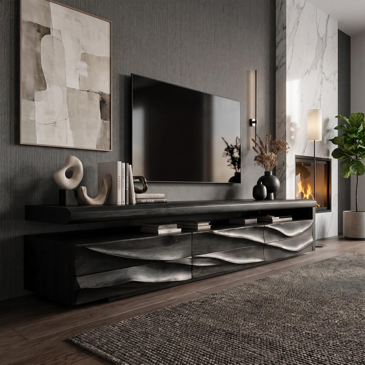 Organic Modern TV Cabinet Console, Handcrafted Curved Solid Wood Media Storage Credenza for Luxury Living Room