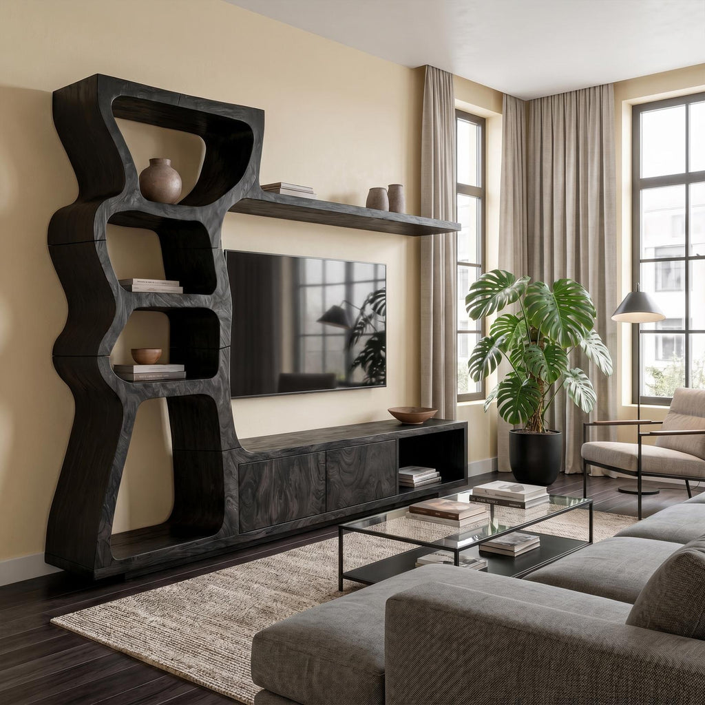 Modern Wood TV Cabinet with Curved Built-In Display Shelves & Entertainment Center Console for Living Room