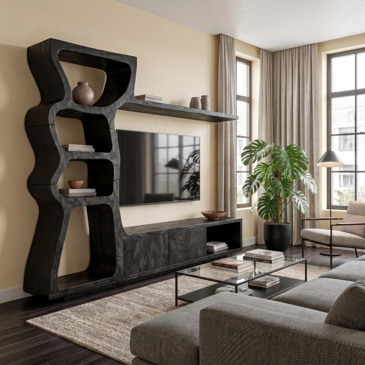 Modern Wood TV Cabinet with Curved Built-In Display Shelves & Entertainment Center Console for Living Room