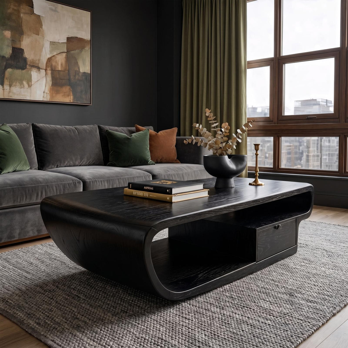 Spry Interior Organic Sculptural Coffee Table with Storage, Handcrafted Solid Wood Center Accent Table for Living Room, SINLKICF364